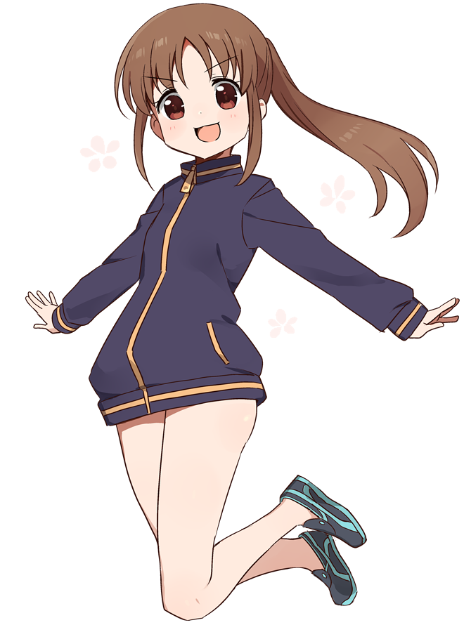 1girl :d bare_legs brown_eyes brown_hair eyebrows_visible_through_hair full_body jacket jumping legs_up long_hair long_sleeves looking_at_viewer naked_track_jacket no_legwear no_pants one_eye_closed open_mouth ponytail saki saki_achiga-hen shisoneri shoes smile sneakers solo takakamo_shizuno track_jacket white_background zipper