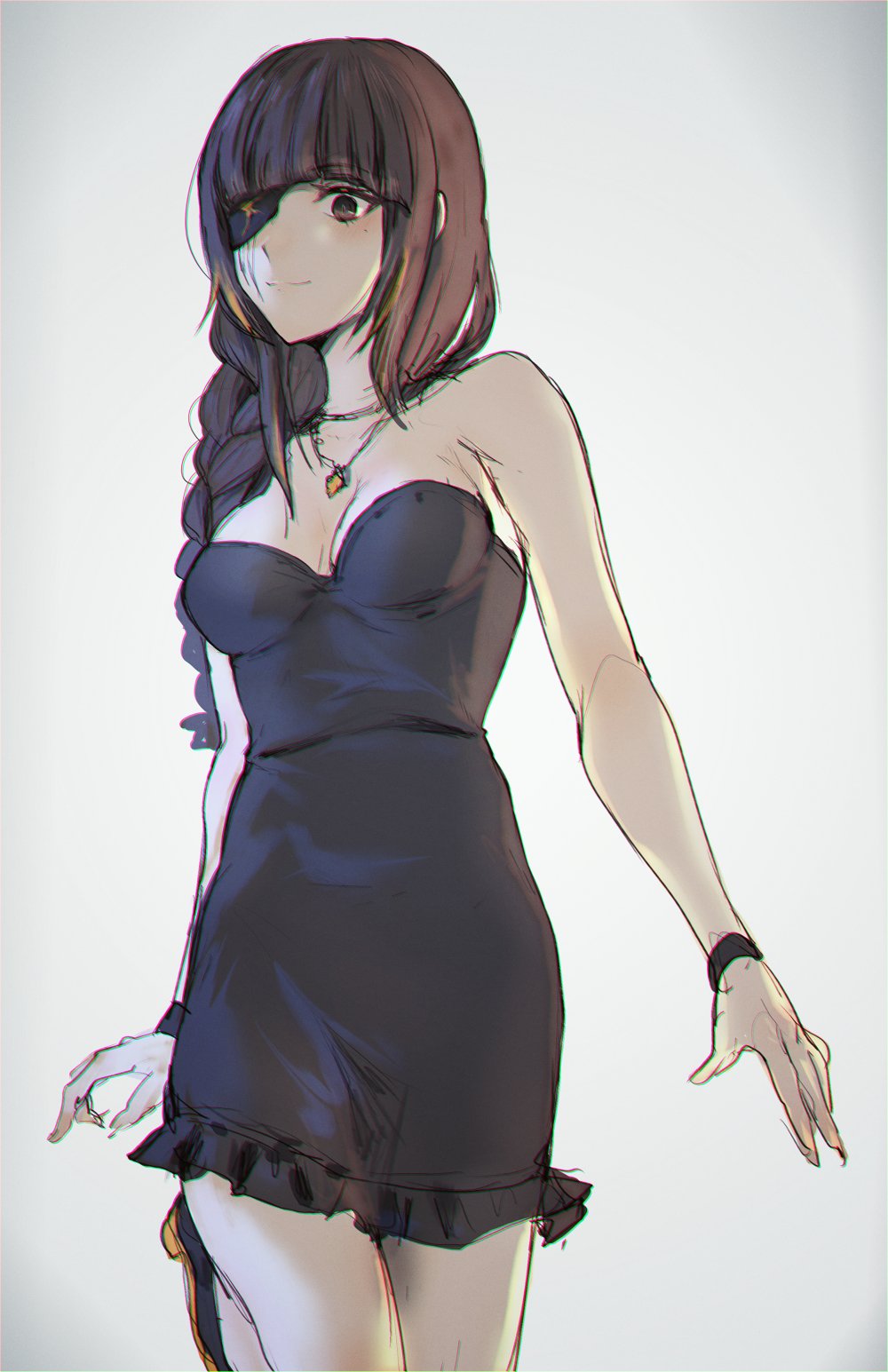 1girl bangs black_dress blunt_bangs blush braid breasts breasts_apart dress eyepatch girls_frontline highres jewelry looking_at_viewer m16a1_(girls_frontline) necklace nervous sketch smile solo strapless strapless_dress walking white_background xanax025