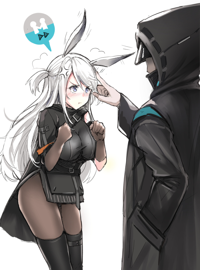 1boy 1girl anger_vein animal_ears arknights black_coat black_footwear black_gloves black_legwear blush boots breasts clenched_hands closed_mouth coat cowboy_shot doctor_(arknights) faceless faceless_male gameplay_mechanics gloves grey_eyes hand_in_pocket hooded_coat large_breasts long_hair looking_at_another pantyhose poking pout rabbit_ears savage_(arknights) short_twintails shoulder_cutout simple_background standing strap thigh-highs thigh_boots twintails white_background white_hair yuemanhuaikong