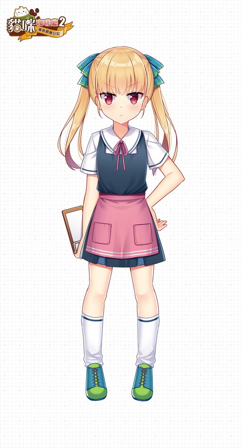1girl apron bangs blonde_hair blue_bow blue_dress blush bow character_request closed_mouth collared_shirt dress eyebrows_visible_through_hair full_body green_footwear hair_bow hand_on_hip hitsuki_rei holding long_hair looking_at_viewer neck_ribbon official_art pink_apron pleated_dress red_eyes red_ribbon ribbon shirt shoes short_sleeves sidelocks sleeveless sleeveless_dress snowdreams_-lost_in_winter- socks solo standing twintails uniform v-shaped_eyebrows waist_apron waitress white_legwear white_shirt