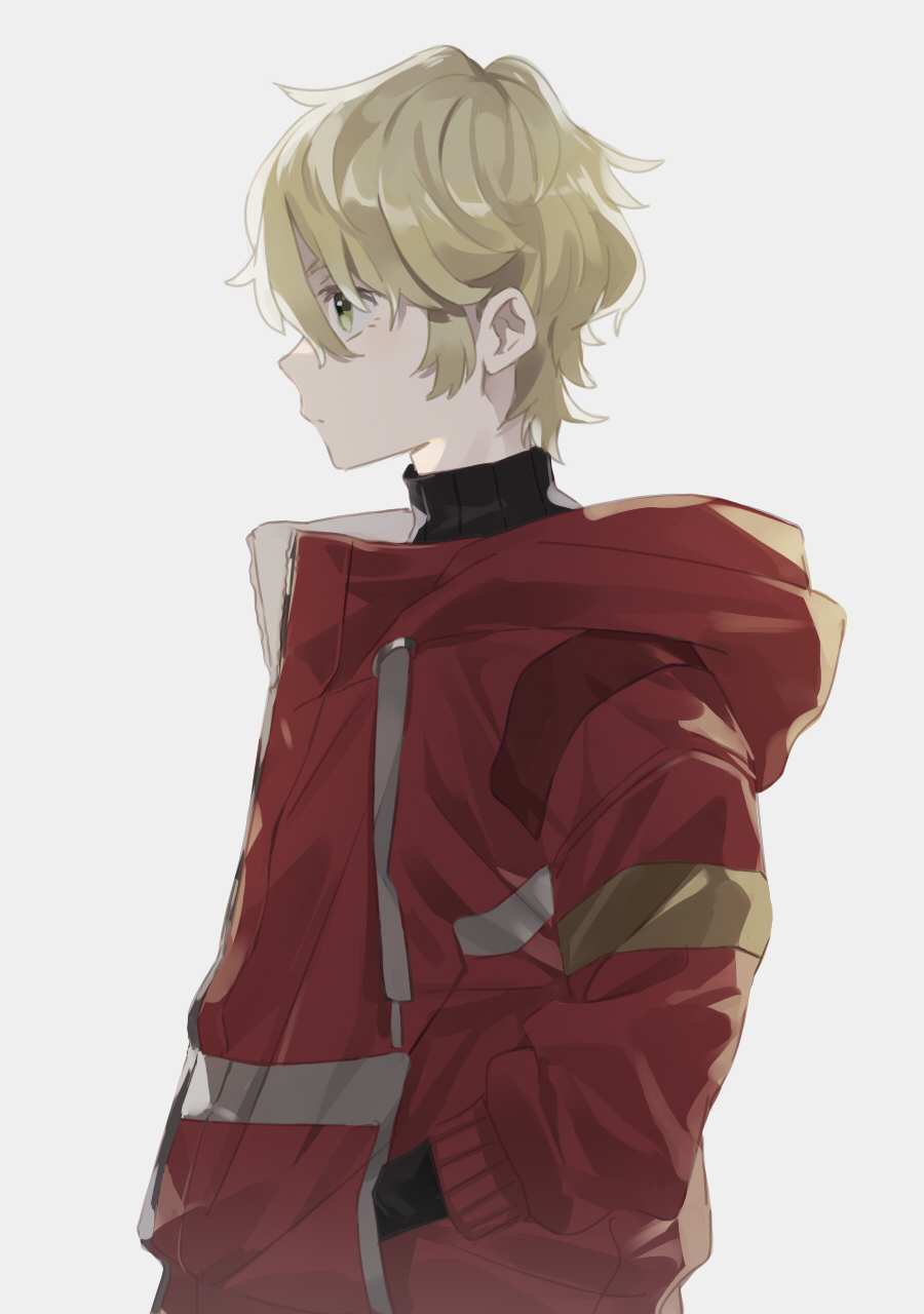 1boy bangs black_shirt blonde_hair closed_mouth commentary_request darling_in_the_franxx from_side green_eyes grey_background hair_between_eyes hands_in_pockets highres jacket long_sleeves looking_at_another male_focus messy messy_hair nine_alpha red_jacket shirt simple_background turtleneck unapoppo upper_body
