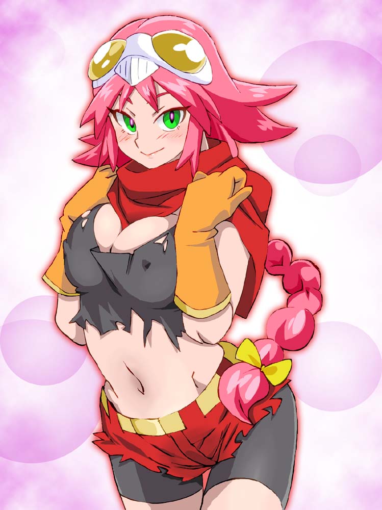 1girl bike_shorts blush breasts closed_mouth gloves graphite_(medium) green_eyes looking_at_viewer mask mask_on_head millipen_(medium) navel older onnaski penne_(zoids_wild) pink_hair red_shorts scarf short_hair shorts smile solo traditional_media zoids zoids_wild