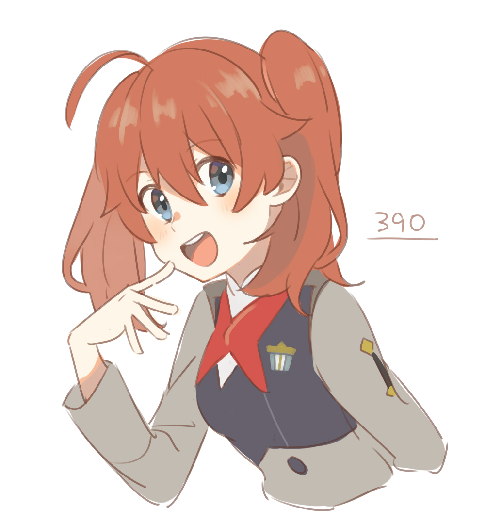 1girl ahoge arm_up bangs blue_eyes blush breasts brown_hair darling_in_the_franxx eyebrows_visible_through_hair hair_between_eyes long_sleeves looking_at_viewer medium_hair miku_(darling_in_the_franxx) military military_uniform number open_mouth simple_background solo teeth twintails unapoppo uniform upper_body white_background