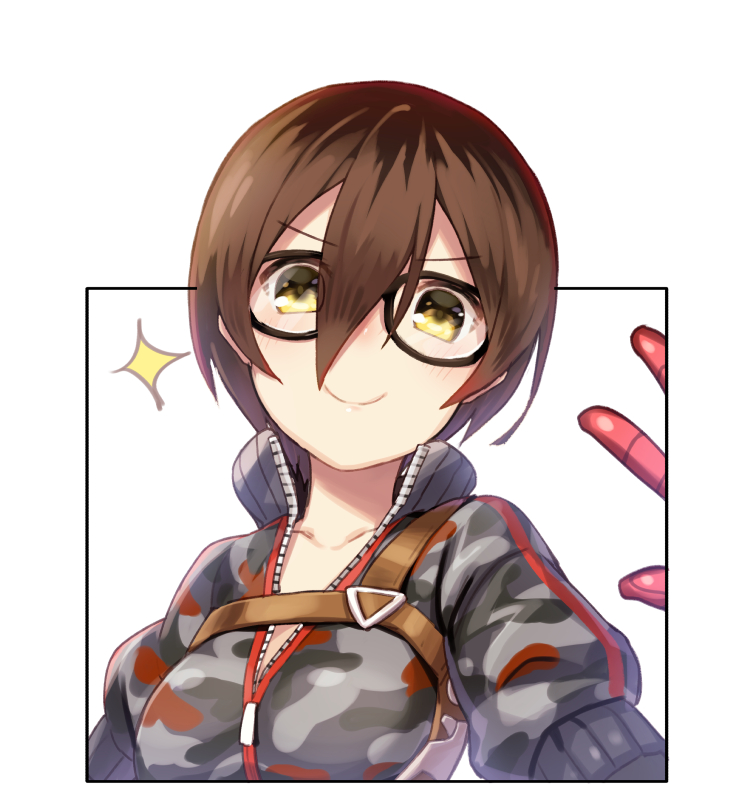 1girl black-framed_eyewear breasts brown_hair camouflage camouflage_jacket closed_mouth glasses grey_jacket hair_between_eyes hololive jacket looking_at_viewer mechanical_arm medium_breasts partially_unzipped roboco-san roboco_ch. short_hair simple_background smile solo sparkle strap tokumaro upper_body virtual_youtuber white_background yellow_eyes
