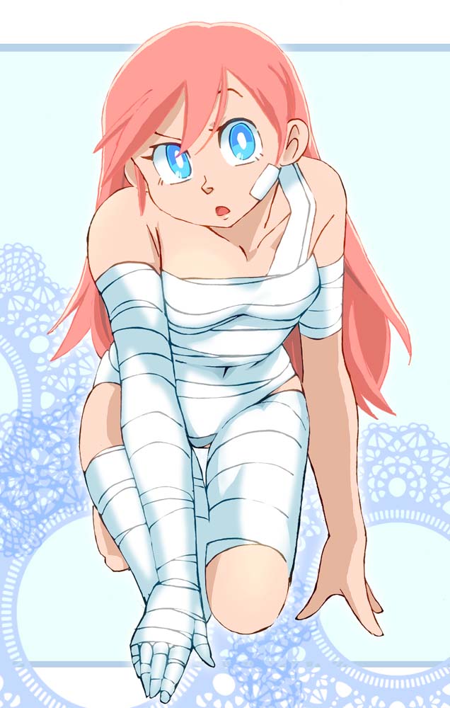 1girl bandages blue_eyes breasts covered_navel doraemon doraemon:_nobita_to_tetsujin_heidan graphite_(medium) long_hair looking_at_viewer millipen_(medium) onnaski open_mouth pink_hair riruru solo traditional_media