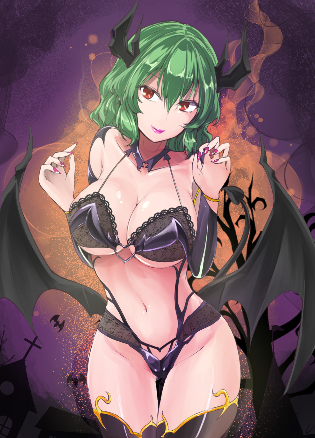 1girl bangs bare_shoulders black_bra black_panties bra breasts claw_pose commentary_request cowboy_shot demon_horns demon_tail demon_wings eyebrows_visible_through_hair fingernails green_hair groin hair_between_eyes hands_up head_tilt heart highres horns kazami_yuuka lace lace-trimmed_bra large_breasts lipstick looking_at_viewer low_wings makeup navel panties purple_background purple_lipstick purple_nails red_eyes sharp_fingernails short_hair smile solo standing stomach tail thighs touhou underwear underwear_only wings y2