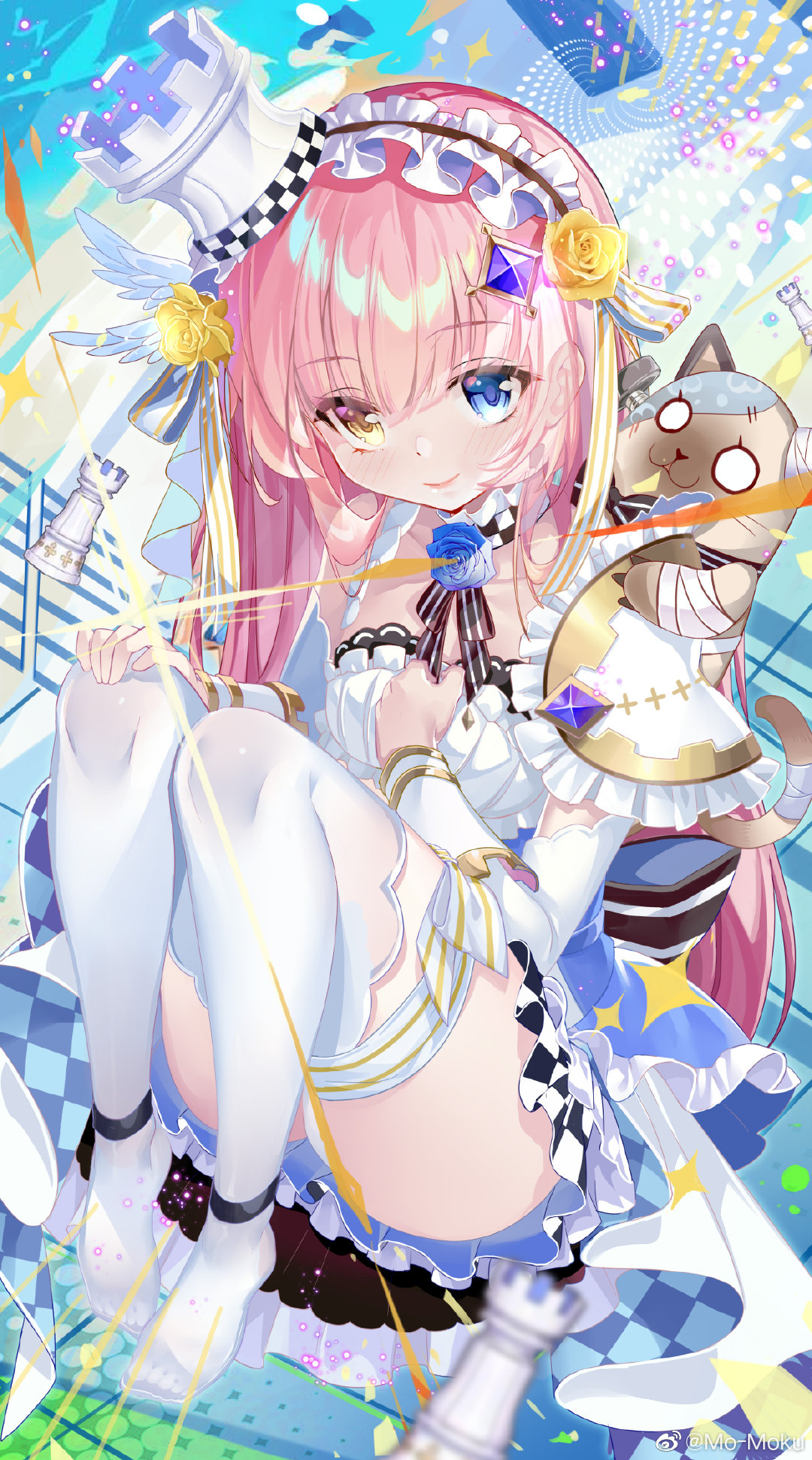 1girl blue_eyes blurry checkered chess_piece detached_sleeves diffraction_spikes dress eksistere_kyrenia frills girl_cafe_gun hair_ornament headdress heterochromia highres kikimi knees_up long_hair looking_at_viewer no_shoes pink_hair smile solo stuffed_animal stuffed_cat stuffed_toy thigh-highs tilted_headwear white_dress white_legwear yellow_eyes