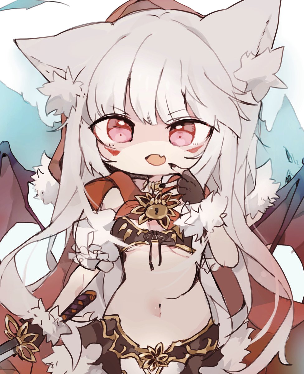 1girl animal_ear_fluff animal_ears breasts brown_gloves brown_nails byako_(srktn) cape chibi commission cowboy_shot eyebrows_visible_through_hair facial_tattoo fangs fingerless_gloves fingernails fur-trimmed_gloves fur_trim gloves hand_on_own_chest highres hood hood_up hooded_cape keyhole kureha_(666)_(sound_voltex) kureha_(sound_voltex) long_fingernails long_hair looking_at_viewer medium_breasts midriff nail_polish navel open_mouth red_cape red_eyes red_hood revealing_clothes sidelocks silver_hair simple_background skin_fangs solo sound_voltex standing sword tattoo under_boob v-shaped_eyebrows very_long_hair weapon white_background wolf_ears