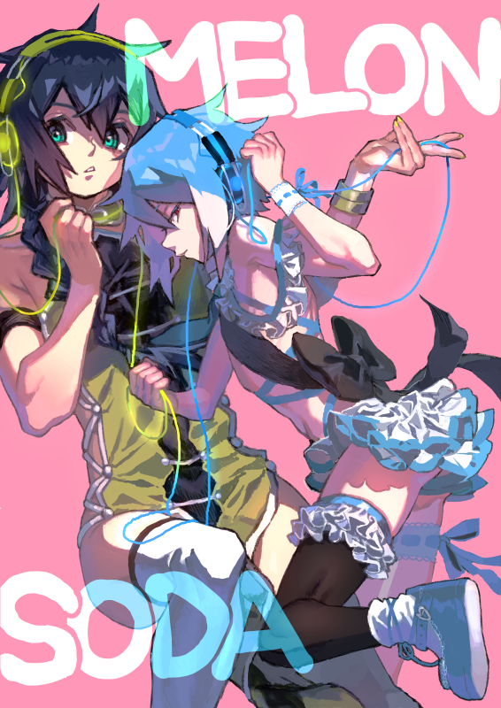 2boys arm_up armband armpit_crease bare_shoulders black_bow black_hair black_legwear blue_footwear blue_hair bow braid commentary english_text fingernails frills green_eyes hair_between_eyes headphones holding keine_ron long_fingernails long_hair male_focus matsudappoiyo medium_hair multicolored multicolored_hair multiple_boys parted_lips pink_background rabbit_monster red_eyes simple_background thigh-highs utau white_hair white_legwear yellow_nails