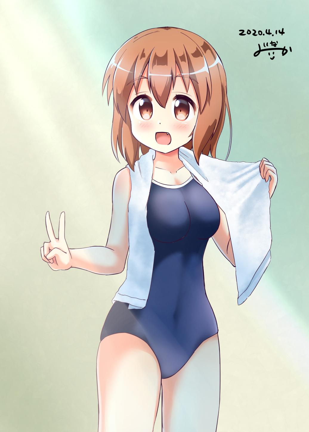 1girl artist_logo blue_swimsuit brown_eyes brown_hair competition_school_swimsuit cowboy_shot dated fang highres inakami inokuma_youko kin-iro_mosaic looking_at_viewer school_swimsuit short_hair solo standing swimsuit towel towel_around_neck v white_towel