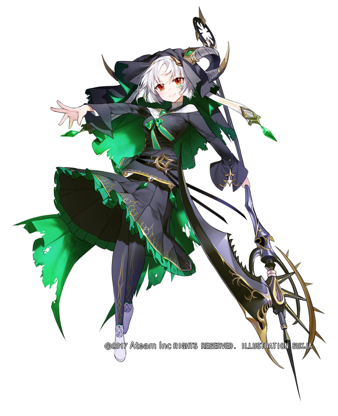 bangs black_skirt copyright_name holding holding_scythe holding_weapon long_sleeves looking_at_viewer official_art parted_bangs red_eyes saskia_(valkyrie_connect) scythe skirt sukja valkyrie_connect weapon white_background white_footwear white_hair