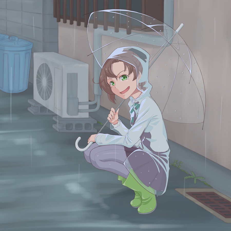 1girl air_conditioner akigumo_(kantai_collection) bangs boots brown_hair green_eyes green_footwear holding holding_umbrella kantai_collection kito_3_tyoki-tyoki long_hair looking_at_viewer open_mouth pantyhose purple_legwear rain raincoat rubber_boots school_uniform see-through smile solo squatting transparent transparent_umbrella trash_can umbrella