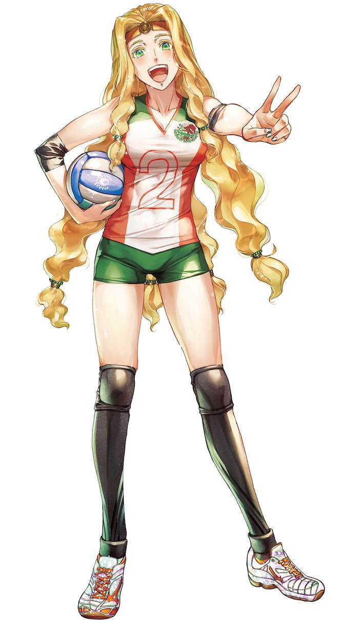 1girl blonde_hair elbow_pads fate/grand_order fate_(series) heroic_spirit_festival_outfit highres hiroe_rei knee_pads long_hair looking_at_viewer mexican_flag official_art quetzalcoatl_(fate/grand_order) shoes smile sportswear textless thigh-highs v volleyball volleyball_uniform white_background yellow_eyes