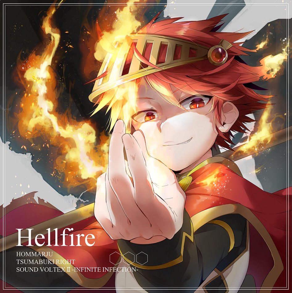 1boy capelet evil_smile fire flame holding holding_weapon looking_at_viewer negi-mamire red_capelet red_eyes redhead short_hair smile solo sound_voltex tagme tsumabuki_right weapon