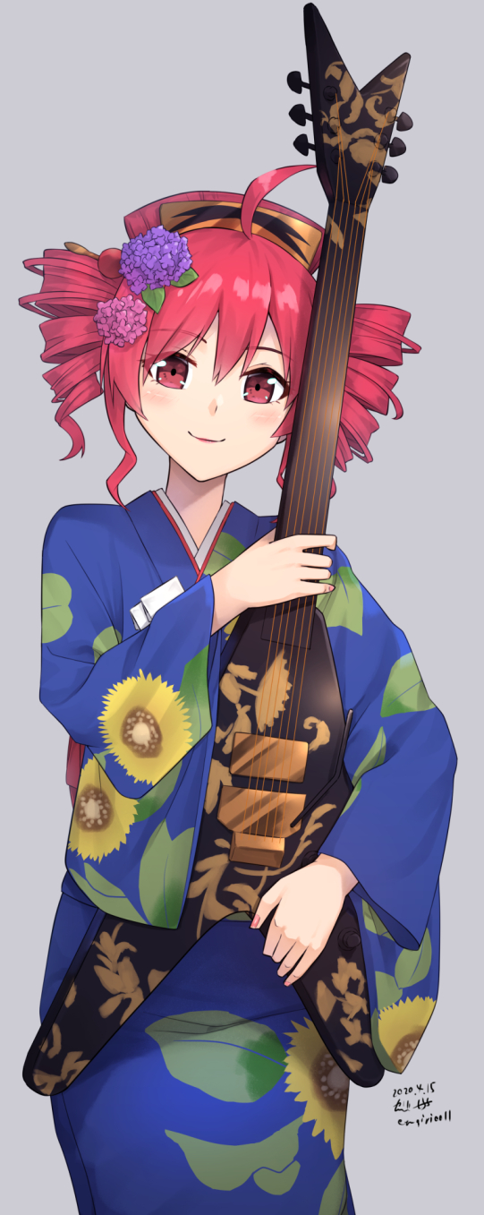 1girl ahoge blue_kimono blush commentary cowboy_shot dated drill_hair electric_guitar floral_print flower grey_background guitar hair_flower hair_ornament highres holding holding_instrument hydrangea instrument japanese_clothes kasane_teto kimono lipstick looking_at_viewer makeup red_eyes redhead sarasa_(kanbi) signature smile solo standing sunflower sunflower_print twin_drills utau