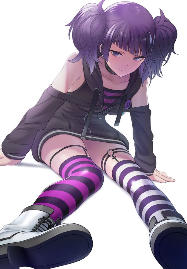 1girl bangs black_collar black_jacket blush boots closed_mouth collar collarbone commentary_request diagonal_bangs gomibukurokarasu hood hood_down hooded_jacket idolmaster idolmaster_shiny_colors jacket light_smile long_sleeves looking_at_viewer mismatched_legwear purple_hair shadow shoe_soles shoulder_cutout sitting sleeves_past_wrists solo striped striped_legwear tanaka_mamimi twintails violet_eyes white_background white_footwear