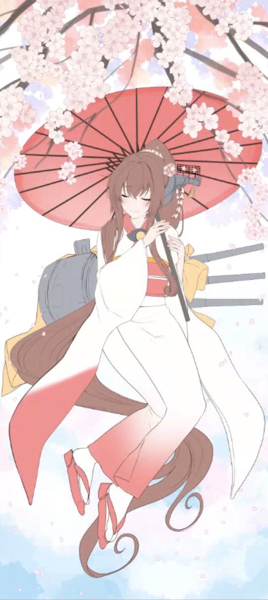 1girl alternate_costume branch brown_hair cannon cherry_blossoms closed_eyes commentary_request flower gradient_kimono hair_flower hair_ornament headgear highres japanese_clothes kantai_collection kimono long_hair machinery oriental_umbrella ponytail red_umbrella sandals solo umbrella yamato_(kantai_collection) yunamaro