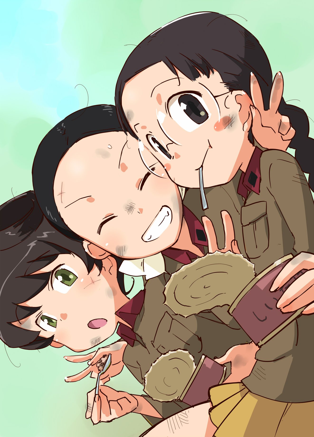 3girls bangs black_eyes black_hair blush_stickers bow braid brown_eyes brown_hair brown_jacket can chi-hatan_military_uniform closed_mouth commentary_request dirty dirty_face double_v dutch_angle eating fukuda_haru girls_und_panzer glasses green_eyes grin hair_bow hair_pulled_back hair_rings highres holding holding_can hosomi_shizuko ikeda_emi jacket long_hair long_sleeves looking_at_viewer low_ponytail medium_hair military military_uniform miniskirt multiple_girls ogihara_mach open_mouth pleated_skirt ponytail rimless_eyewear round_eyewear short_hair sitting skirt smile sweat twin_braids twintails uniform utensil_in_mouth v white_bow yellow_skirt