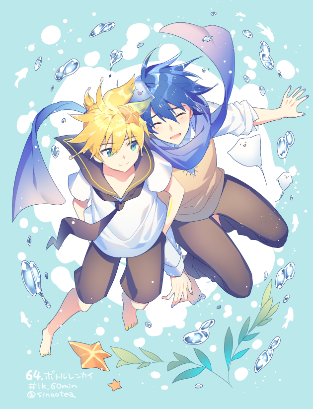 2boys arms_behind_back barefoot black_collar black_neckwear black_shorts blonde_hair blue_eyes blue_hair blue_nails blue_scarf brown_vest bubble closed_eyes collar commentary fish from_above full_body furrowed_eyebrows kagamine_len kaito male_focus manta_ray multiple_boys nail_polish necktie outstretched_arm pants plant sailor_collar scarf school_uniform shirt shorts sinaooo smile spiky_hair starfish starfish_hair_ornament sweater_vest twitter_username vest vocaloid white_shirt yaoi