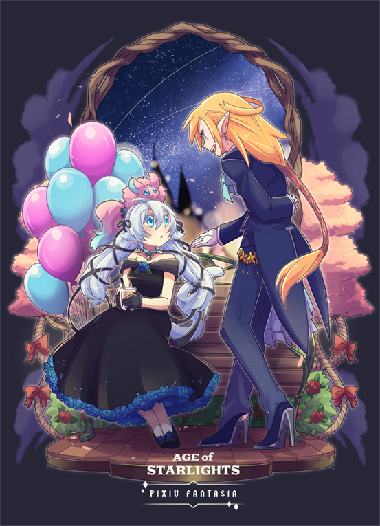 animal_on_head balloon bench black_dress black_footwear blue_eyes bow copyright_name dress earrings formal gloves high_heels jewelry long_hair nekoichi on_head pixiv_fantasia pixiv_fantasia_age_of_starlight pointy_ears red_bow rope silver_hair sitting suit twintails white_gloves