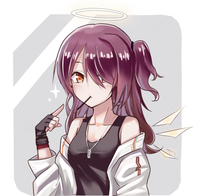 1girl alternate_hair_length alternate_hairstyle arknights bangs bare_shoulders black_gloves black_tank_top blush breasts brown_eyes chinese_commentary collarbone commentary_request exusiai_(arknights) fingerless_gloves food food_in_mouth gloves grey_background hair_over_one_eye halo hand_up jacket jewelry long_hair long_sleeves looking_at_viewer mouth_hold off_shoulder open_clothes open_jacket partial_commentary pendant pocky pointing pointing_at_self purple_hair small_breasts solo tank_top upper_body white_jacket yun_(yunmiao)