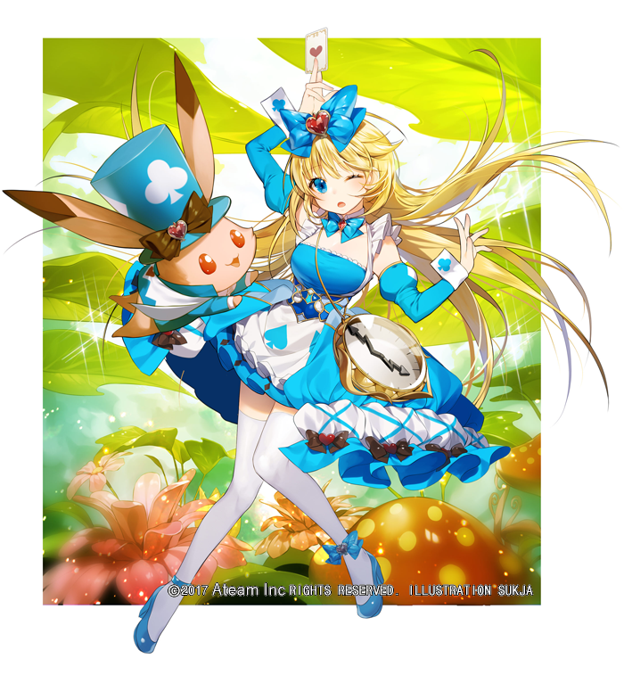 1girl ;o alice_(valkyrie_connect) blonde_hair blue_dress blue_eyes blue_footwear card clock club_(shape) copyright_name detached_sleeves dress hair_ornament hat high_heels long_hair official_art one_eye_closed playing_card rabbit sukja thigh-highs top_hat valkyrie_connect white_legwear zettai_ryouiki