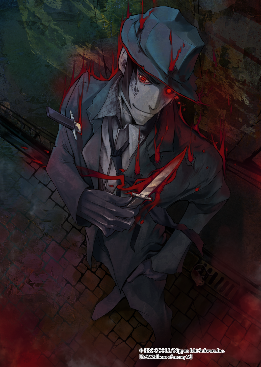 1boy alley black_gloves black_hair black_neckwear black_suit bleeding blood bloody_knife company_name copyright_name facial_mark from_above gloves glowing glowing_eye grey_skin hand_in_pocket hat highres kirishima_satoshi knife male_focus necktie official_art outdoors rat red_eyes solo stabbed standing watermark z/x