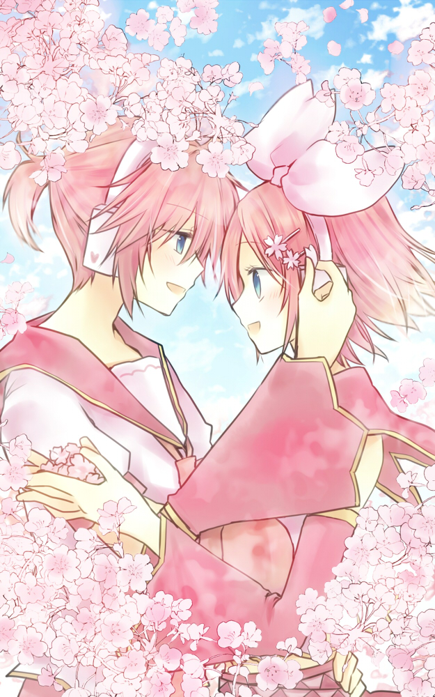 1boy 1girl alternate_color alternate_hair_color bare_shoulders blonde_hair blue_eyes blue_sky blush bow branch cherry_blossoms clouds detached_sleeves face-to-face flower haine_koko hair_flower hair_ornament hairclip happy headset heart holding_petal kagamine_len kagamine_rin necktie petals pink_bow pink_hair pink_neckwear sailor_collar siblings sketch sky smile twins vocaloid