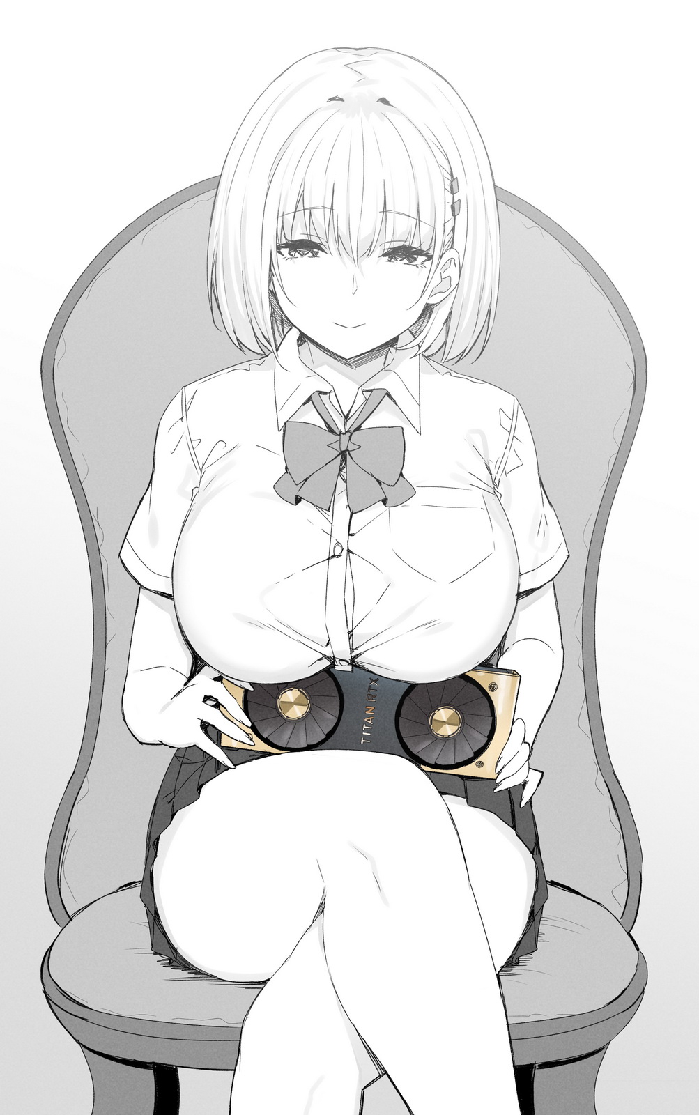 1girl bob_cut bow bowtie breasts button_gap chair crossed_legs greyscale hair_ornament hairclip hairclip_onee-san_(sky_(freedom)) highres large_breasts looking_at_viewer monochrome original pleated_skirt school_uniform shirt short_hair short_sleeves sitting skirt sky_(freedom) smile solo spot_color taut_clothes taut_shirt video_card white_background