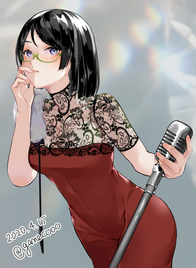 1girl alternate_costume arm_up black_hair blush breasts commentary_request dated dress glasses green-framed_eyewear hair_ornament kantai_collection kirishima_(kantai_collection) microphone nello_(luminous_darkness) open_mouth red_dress semi-rimless_eyewear short_hair solo thighs twitter_username under-rim_eyewear vintage_microphone violet_eyes