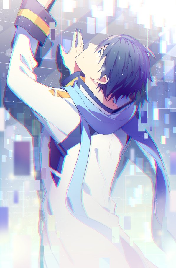 1boy against_wall blue_eyes blue_hair blue_nails blue_scarf coat digital_dissolve from_behind kaito looking_up male_focus nail_polish reaching scarf sinaooo smile upper_body vocaloid white_coat