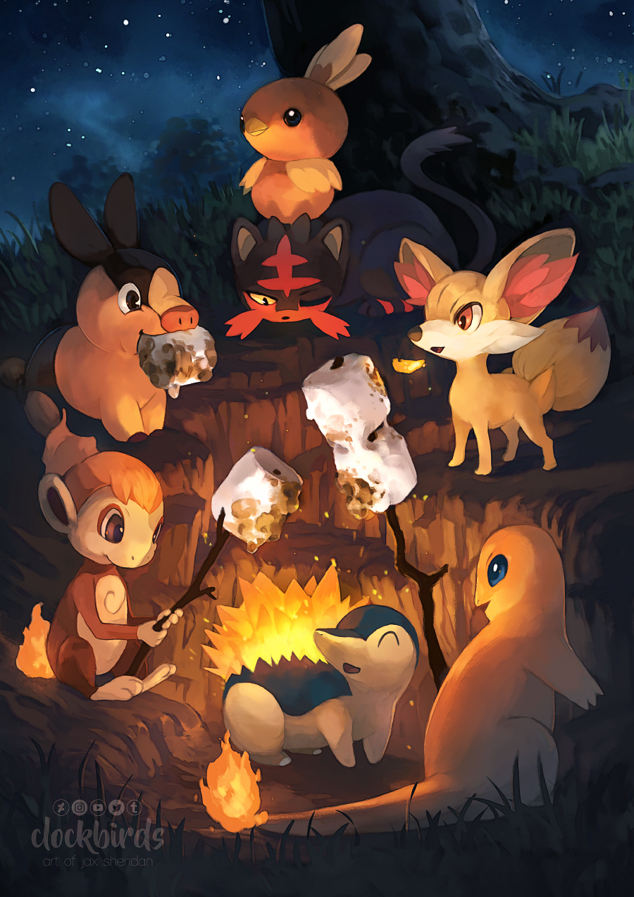 bird charmander chimchar commentary cyndaquil english_commentary fennekin fiery_tail fire flame food gen_1_pokemon gen_2_pokemon gen_3_pokemon gen_4_pokemon gen_5_pokemon gen_6_pokemon gen_7_pokemon highres holding_stick litten marshmallow monkey mouth_hold night night_sky on_shoulder outdoors pig pokemon pokemon_(creature) pokemon_on_shoulder sky stick tail tepig torchic