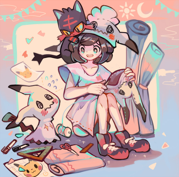 :d animal_on_head black_hair cat cat_on_head collarbone commentary creature english_commentary eye_contact flat_chest frown gen_1_pokemon gen_7_pokemon happy hat litten looking_at_another mimikyu mizuki_(pokemon) momoppi on_head open_mouth paper pikachu pokemon pokemon_(creature) pokemon_(game) pokemon_on_head pokemon_sm scissors shirt shoelaces shoes short_hair sitting smile yellow_eyes