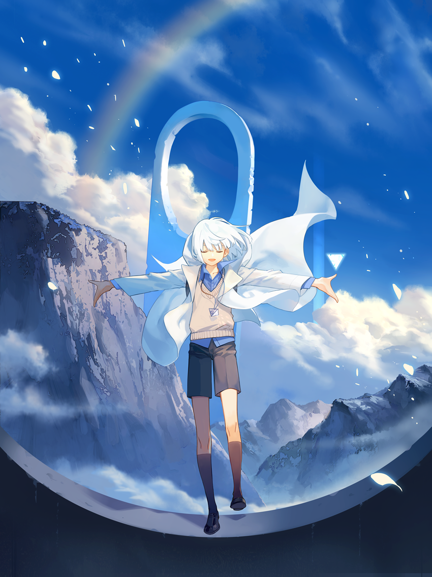 1boy black_footwear black_legwear black_shorts blue_shirt closed_eyes collarbone commentary day dhiea full_body jacket kneehighs long_sleeves mountain open_mouth original outdoors shirt shoes short_hair shorts solo standing sweater_vest white_hair white_jacket