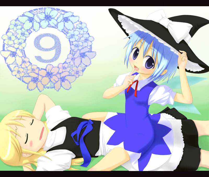 2girls arms_behind_head blonde_hair blue_eyes blue_hair cirno closed_eyes eyebrows_visible_through_hair fang finger_to_mouth hat hat_removed hat_ribbon headwear_removed ice ice_wings izu kirisame_marisa lying multiple_girls open_mouth puffy_short_sleeves puffy_sleeves ribbon short_hair short_sleeves touhou wings witch_hat