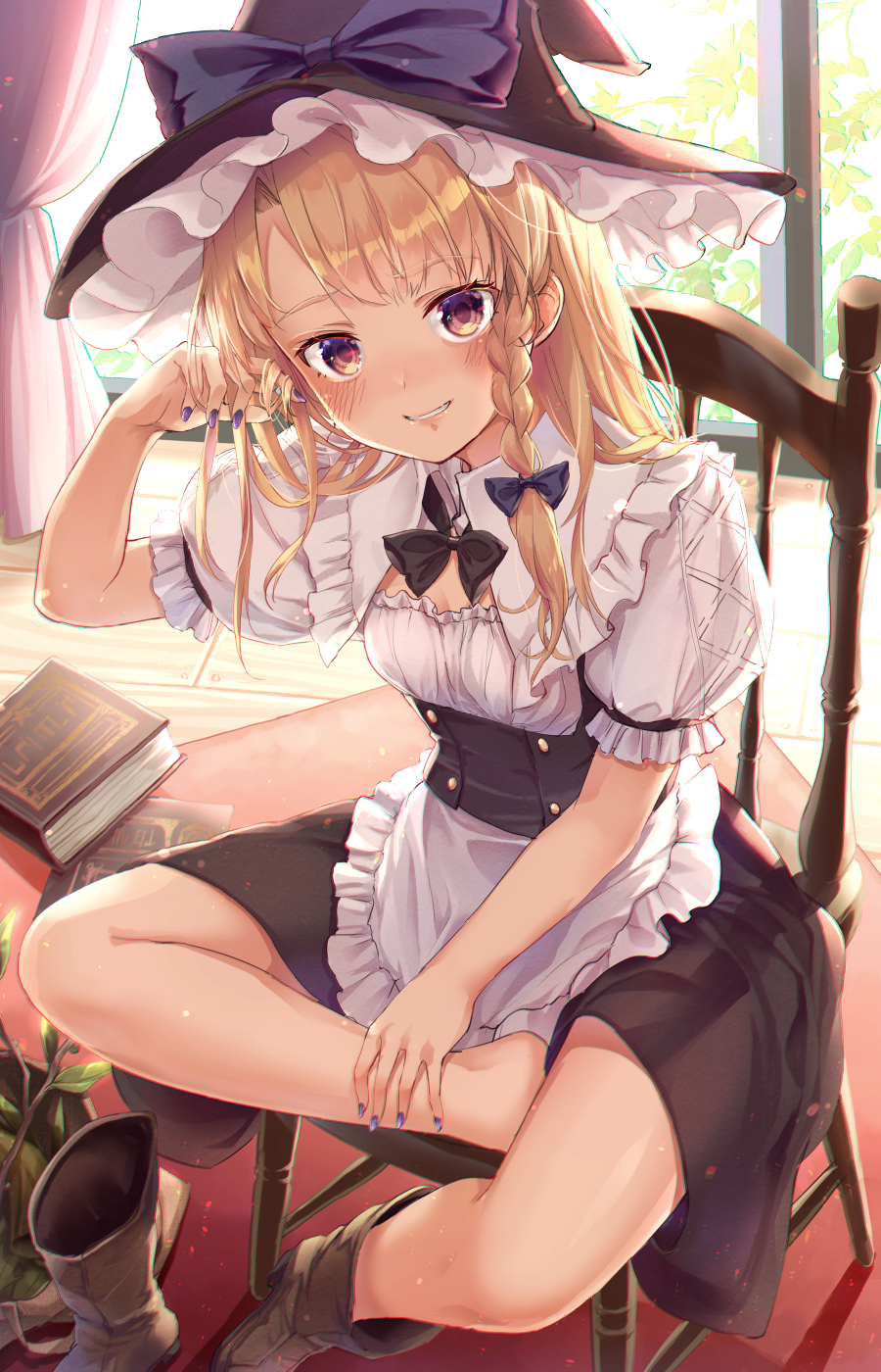 1girl apron bangs black_bow black_headwear black_neckwear black_skirt blonde_hair blush book boots bow bowtie braid brown_eyes brown_footwear chair commentary_request curtains frilled_apron frilled_shirt_collar frills grin hair_bow hand_up hat hat_bow highres indoors kirisame_marisa long_hair looking_at_viewer miniskirt nail_polish puffy_short_sleeves puffy_sleeves purple_bow purple_nails shirt short_sleeves single_braid sitting skirt smile solo touhou usotsuki_penta waist_apron white_apron white_shirt witch_hat