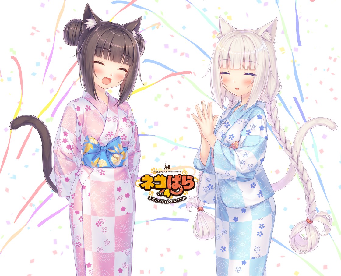 2girls :d ^_^ animal_ear_fluff animal_ears arms_behind_back bangs blunt_bangs blush braid brown_hair cat_ears cat_tail checkered checkered_kimono chinese_commentary chocola_(nekopara) closed_eyes commentary confetti double_bun english_commentary eyebrows_visible_through_hair facing_viewer floral_print hair_up hands_together happy japanese_clothes kimono logo long_hair mixed-language_commentary multiple_girls nekopara obi official_art open_mouth print_kimono sash sayori simple_background smile tail twin_braids vanilla_(nekopara) very_long_hair white_hair