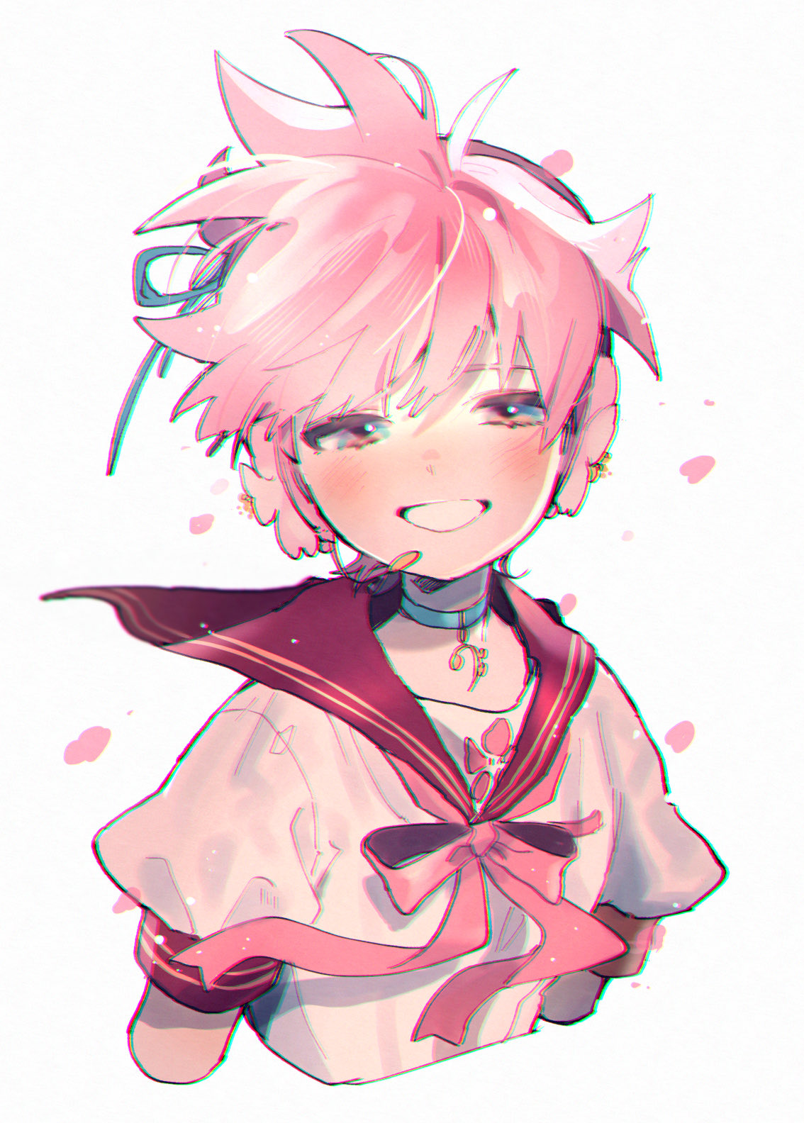 1boy aqua_collar aqua_ribbon bass_clef black_collar blush cherry_blossom_print cherry_blossoms collar commentary cropped_torso falling_petals floral_print grin hair_ribbon half-closed_eyes headphones headset highres kagamine_len kouhara_yuyu looking_at_viewer male_focus neck_ribbon petals pink_hair ribbon sailor_collar sakura_len shirt short_sleeves smile solo spiky_hair symbol_commentary upper_body vocaloid white_background white_shirt