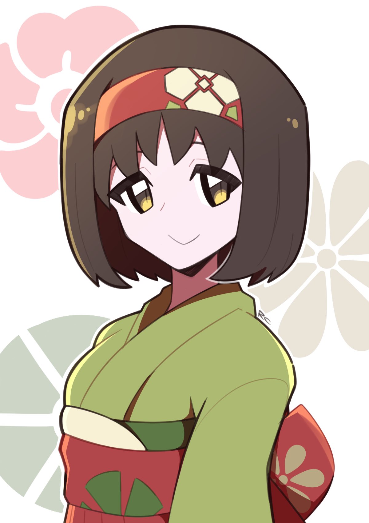 1girl :&gt; artsy-rc bangs brown_eyes brown_hair closed_mouth commentary copyright_request floral_print from_side green_kimono hairband highres japanese_clothes kimono looking_at_viewer looking_to_the_side obi red_sash sash short_hair signature smile solo symbol_commentary