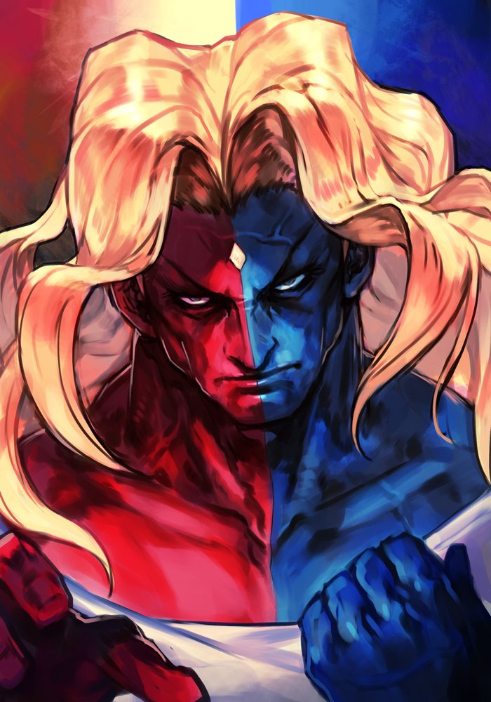 1boy blonde_hair blue_theme closed_mouth collarbone gill grey_eyes hankuri long_hair looking_at_viewer male_focus muscle red_theme sanpaku street_fighter street_fighter_iii_(series) two-tone_skin upper_body veins