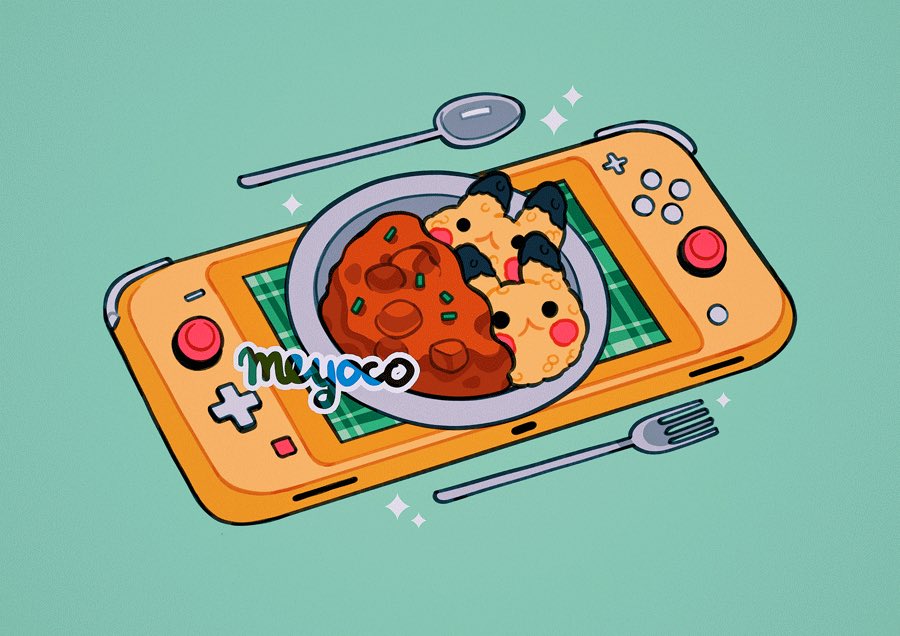 artist_name curry food fork green_background meyoco nintendo_switch no_humans original pikachu plaid plate simple_background sparkle spoon