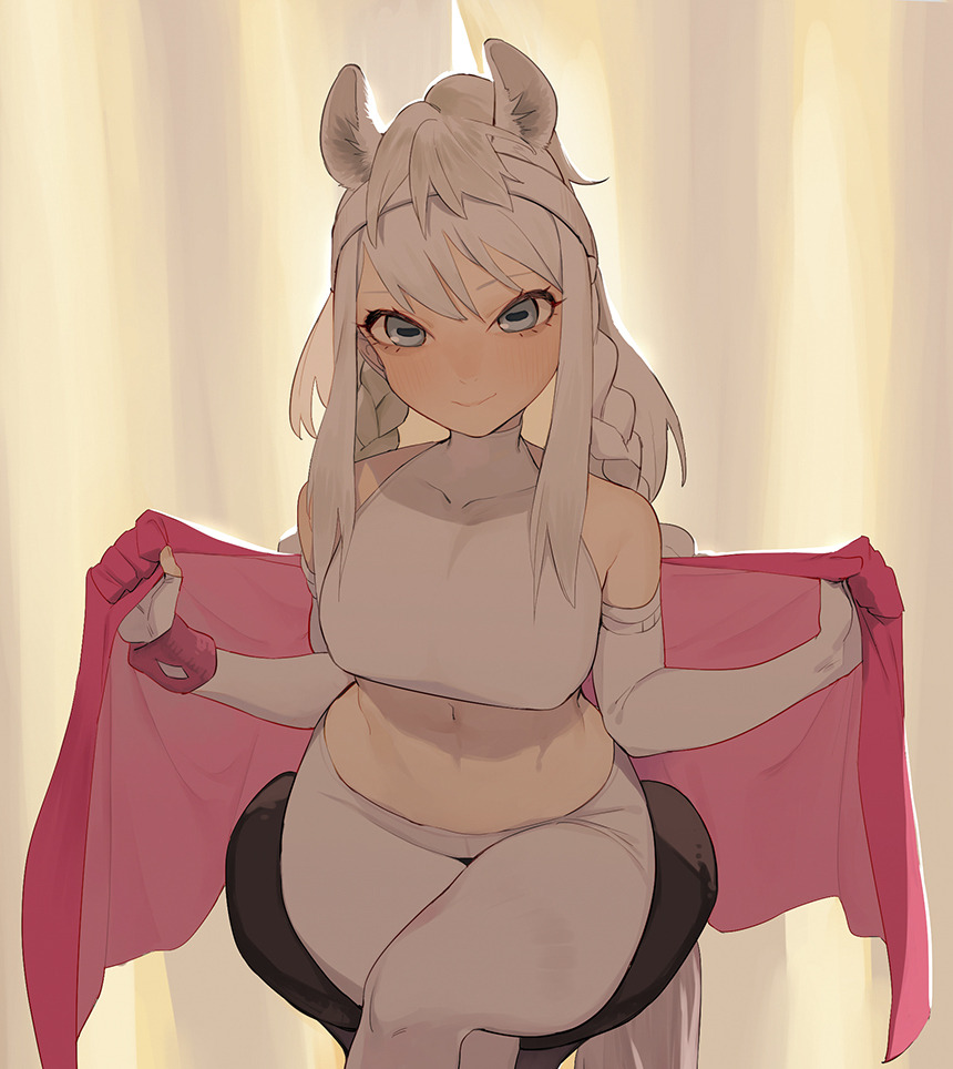 1girl animal_ears bad_id bad_twitter_id braid breasts crop_top crossed_legs curtains elbow_gloves fingerless_gloves gloves grey_eyes hairband horse_ears horse_tail indoors juz kemono_friends leggings long_hair midriff navel shirt sitting sleeveless sleeveless_shirt smile solo tail thighs twin_braids white_hair white_legwear white_shirt white_thoroughbred_(kemono_friends) wristband