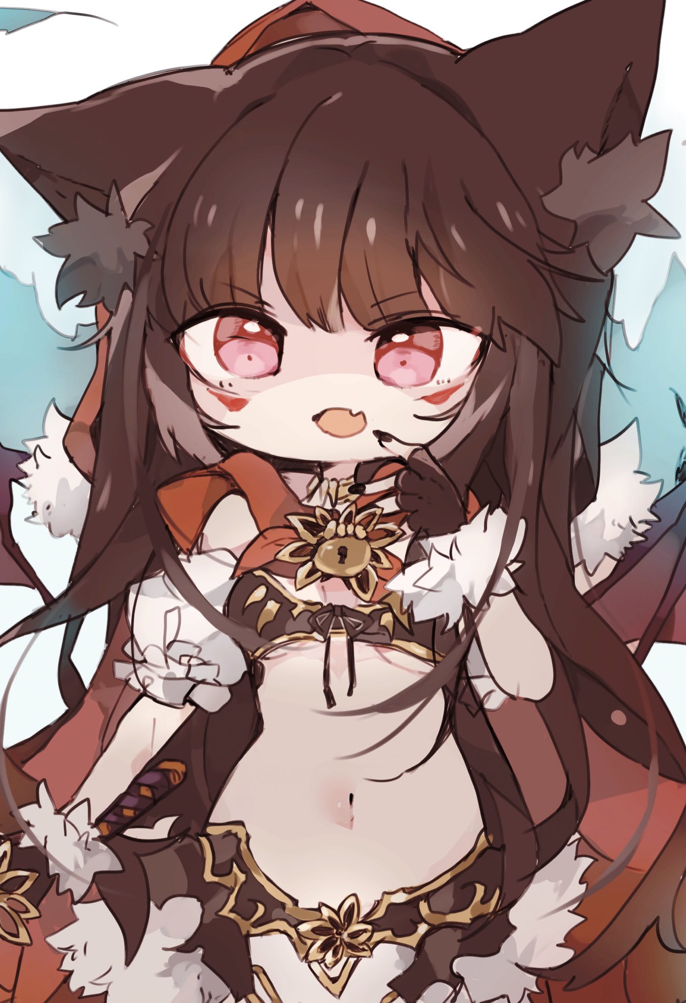 1girl animal_ear_fluff animal_ears breasts brown_gloves brown_hair brown_nails byako_(srktn) cape chibi commission cowboy_shot eyebrows_visible_through_hair facial_tattoo fangs fingerless_gloves fingernails fur-trimmed_gloves fur_trim gloves hand_on_own_chest highres hood hood_up hooded_cape keyhole kureha_(666)_(sound_voltex) kureha_(sound_voltex) long_fingernails long_hair looking_at_viewer medium_breasts midriff nail_polish navel open_mouth red_cape red_eyes red_hood revealing_clothes sidelocks simple_background skin_fangs solo sound_voltex standing sword tattoo under_boob v-shaped_eyebrows very_long_hair weapon white_background wolf_ears
