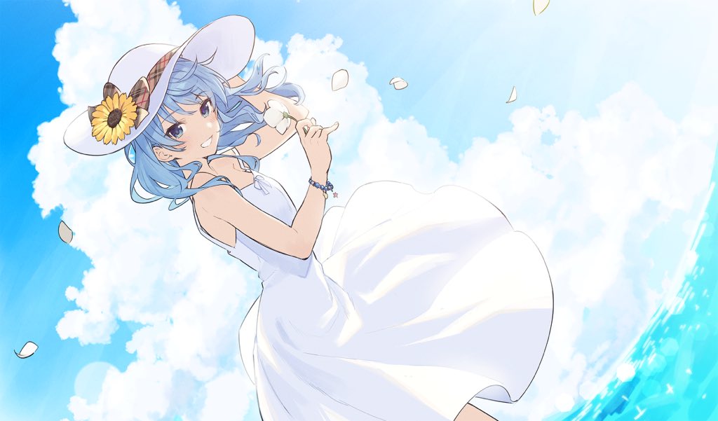 1girl alternate_costume arm_up bead_bracelet beads blue_eyes blue_hair bow bracelet breasts clouds cloudy_sky commentary cowboy_shot day dress dutch_angle eyebrows_visible_through_hair flower grin hand_on_headwear hat hat_bow hat_flower holding holding_flower hololive hoshimachi_suisei jewelry looking_at_viewer medium_hair ocean outdoors parted_lips petals plaid plaid_bow sky sleeveless sleeveless_dress small_breasts smile solo suisei_channel sun_hat sunflower teshima_nari wading white_dress white_headwear wind