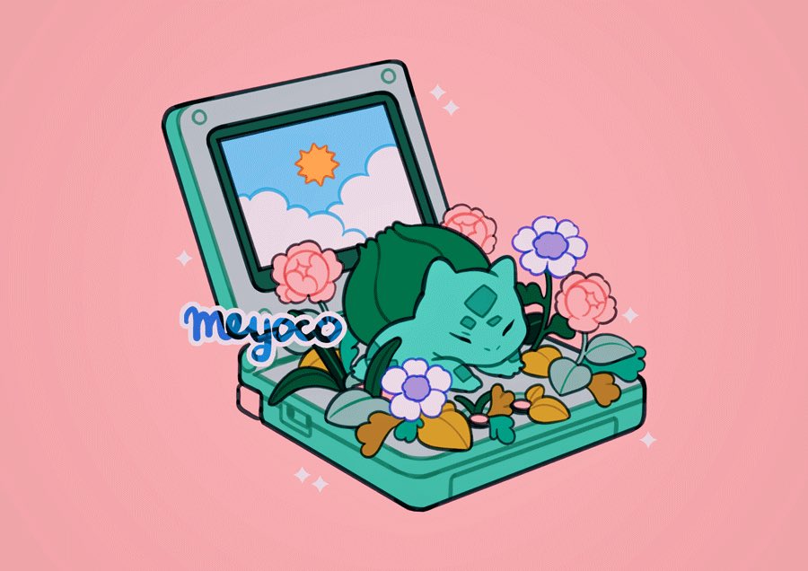 artist_name bulbasaur closed_eyes clouds flower game_boy_advance_sp gen_1_pokemon handheld_game_console leaf meyoco no_humans pink_flower pokemon pokemon_(creature) sky sparkle white_flower