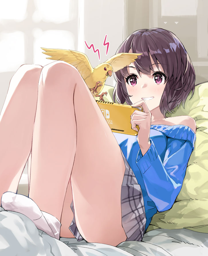 1girl anger_vein ass bangs bare_shoulders bird black_hair blue_sweater blush breasts commentary_request eyebrows_visible_through_hair grey_skirt holding_handheld_game_console long_sleeves lying medium_breasts nintendo_switch on_back original parakeet pillow short_hair skirt smile solo sweater teeth violet_eyes white_legwear yahako