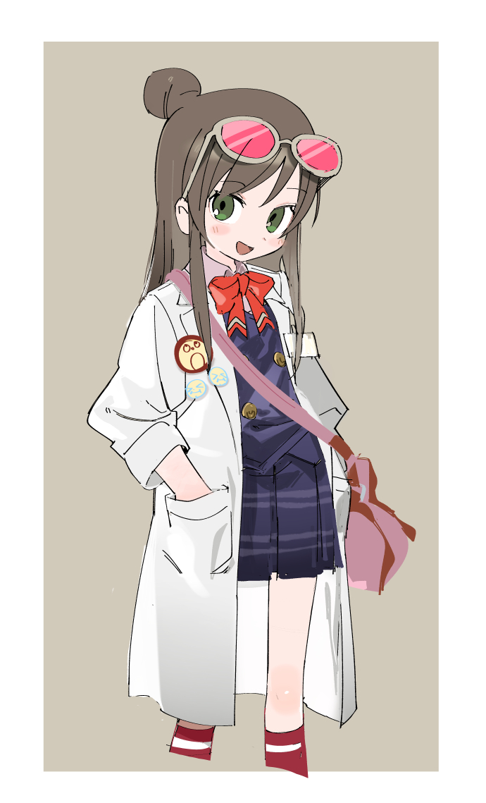 1girl :d bag bangs border bow bowtie brown_hair eyebrows_visible_through_hair eyewear_on_head feet_out_of_frame from_side green_eyes grey_background gyakuten_saiban hair_bun hand_in_pocket houzuki_akane id_card labcoat long_hair looking_at_viewer navy_blue_skirt open_clothes open_mouth outside_border plaid plaid_skirt pleated_skirt red_bow red_legwear red_neckwear shoulder_bag simple_background skirt sleeves_folded_up sleeves_past_elbows smile solo striped striped_legwear swept_bangs white_border wing_collar