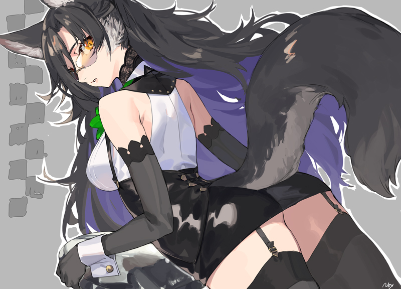 1girl animal_ears ass bare_shoulders black_gloves black_hair black_legwear black_skirt breasts colored_inner_hair elbow_gloves from_behind garter_straps glasses gloves long_hair looking_at_viewer looking_back medium_breasts miniskirt multicolored_hair noy orange_eyes original parted_lips pencil_skirt shirt skirt sleeveless sleeveless_shirt solo suspenders tail thigh-highs underbust very_long_hair white_shirt wolf_ears wolf_girl wolf_tail wrist_cuffs zettai_ryouiki