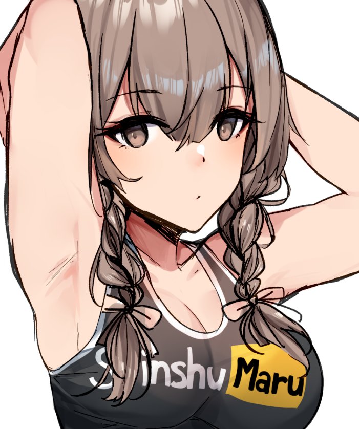 1girl alternate_costume armpits arms_behind_back braid breasts brown_eyes brown_hair eyebrows_visible_through_hair kagurazaka_miyabi kantai_collection looking_at_viewer medium_breasts medium_hair pornhub shinshuu_maru_(kantai_collection) solo twin_braids