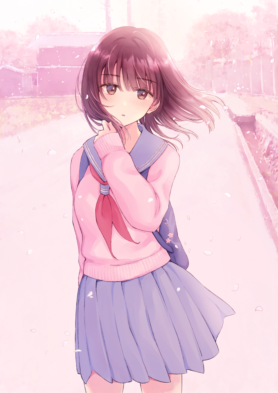 1girl backpack bag bangs blue_sailor_collar blue_skirt blush breasts brown_eyes brown_hair commentary_request cowboy_shot day eyebrows_visible_through_hair floating_hair hand_up highres long_hair long_sleeves looking_at_viewer nagidango neckerchief original outdoors parted_lips petals pink_sweater pleated_skirt red_neckwear sailor_collar school_uniform serafuku skirt sleeves_past_wrists small_breasts solo standing sweater